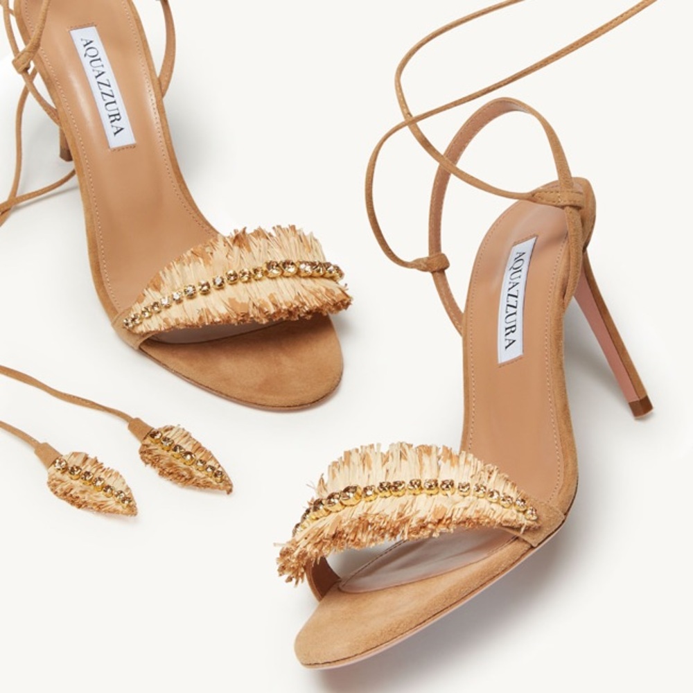 Aquazzura Tan Suede Fringe & Gold Bead Lace-Up Heels
